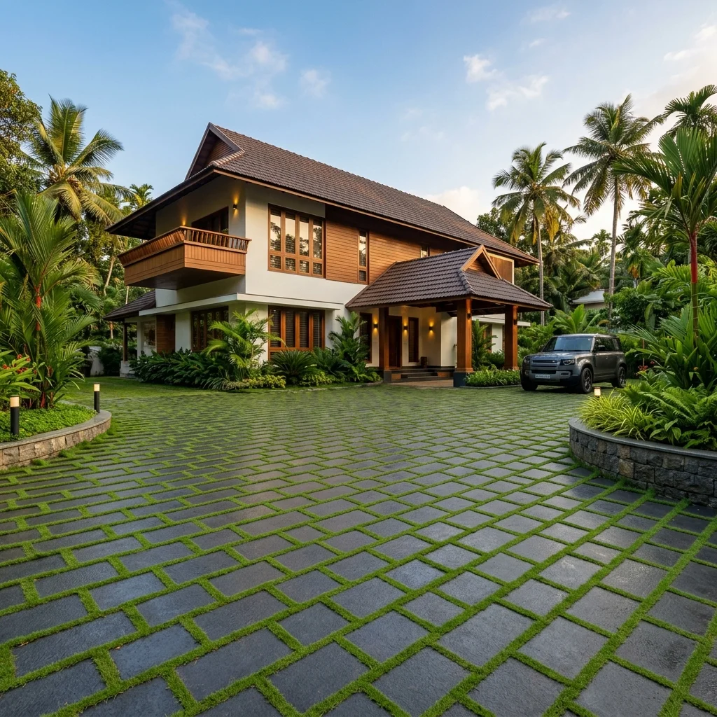 Completed interlock paving project around a Kerala home