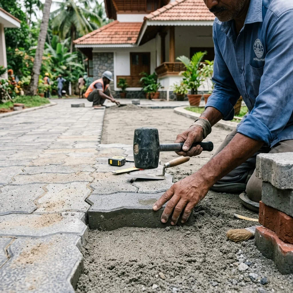 Workers installing interlock paving