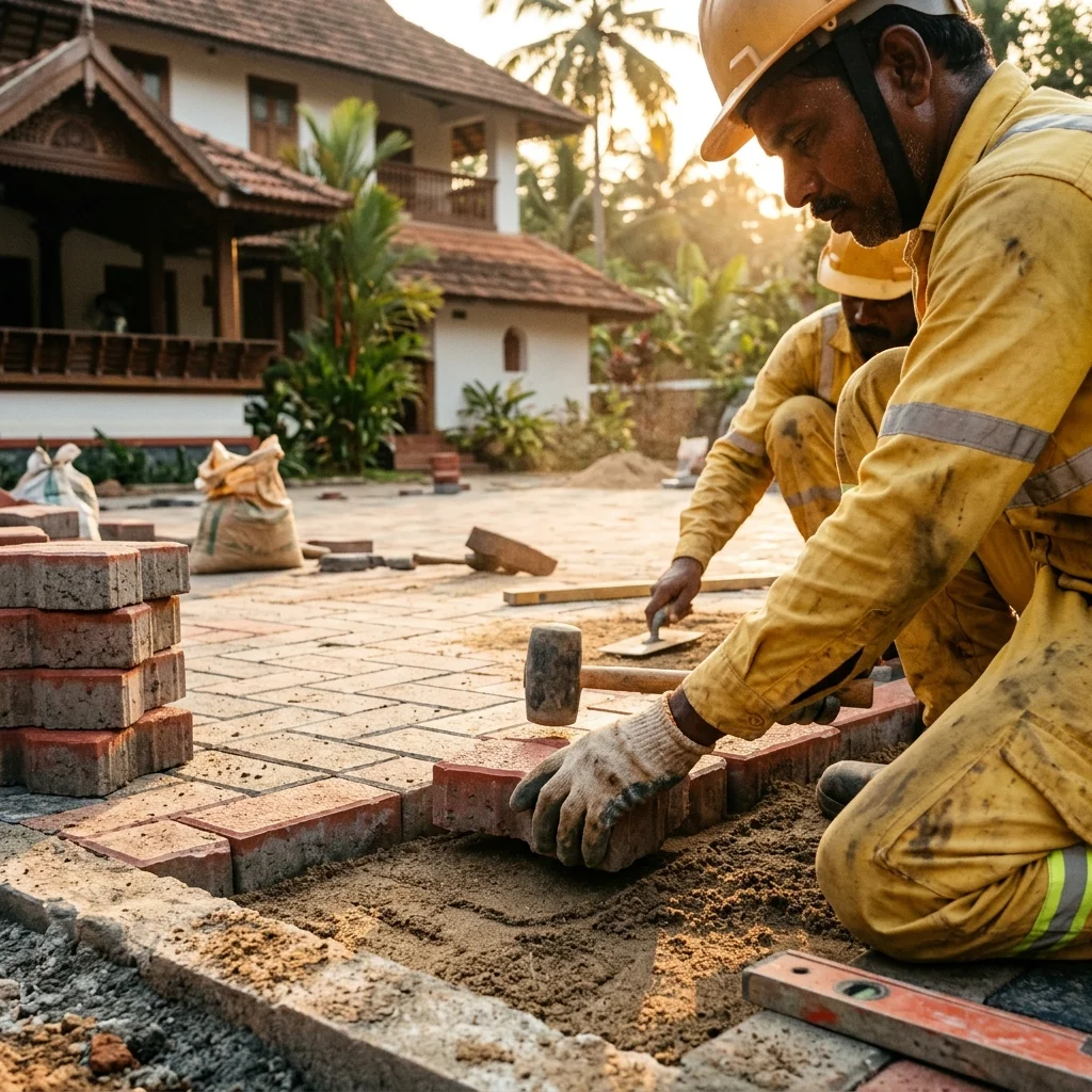 Aadhar Interlocks crew laying interlocking paver stones at a Kerala villa site