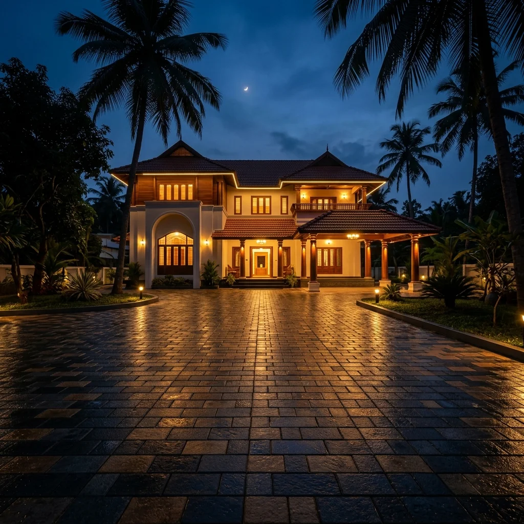 Completed Kerala villa with paved interlocking stone courtyard